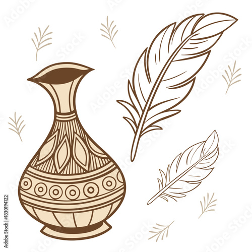 Elegant decorative illustration featuring a vintage ornate vase with intricate patterns and two stylized feathers set against a clean white background with subtle botanical accents