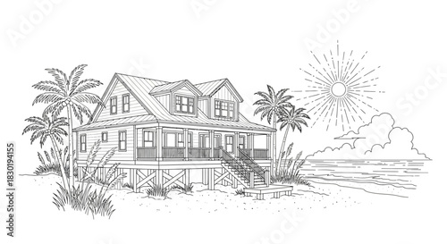 Serene coastal home retreat line art illustration with a tropical beach ambiance