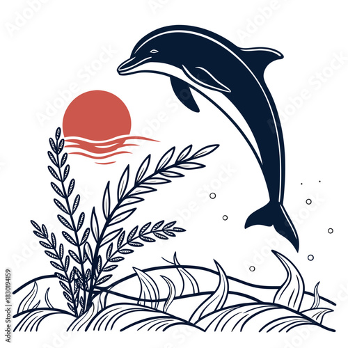 A stylized dark blue dolphin leaps joyfully from the ocean waves beneath a warm red sun and surrounded by aquatic plants and bubbles
