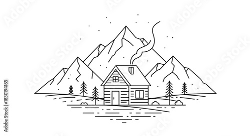 Line art illustration showcasing a cozy cabin nestled in a mountain landscape with trees