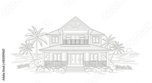 Elegant coastal home line drawing showcasing tropical beachside architecture and lifestyle