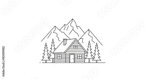 Minimalist mountain cabin illustration with pine trees and scenic background artwork
