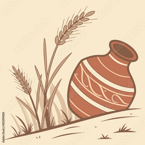 A vintage terracotta clay pot with decorative white stripes and swirling patterns rests beside tall stalks of wheat and blades of grass on a sandy ground