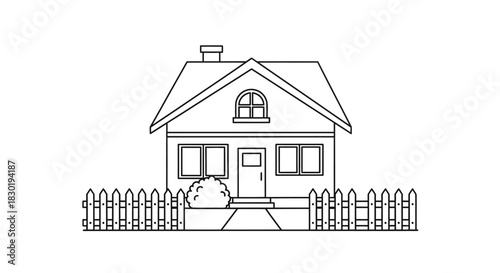 Charming House Outline Illustration with Picket Fence and Landscaping Minimalist Style