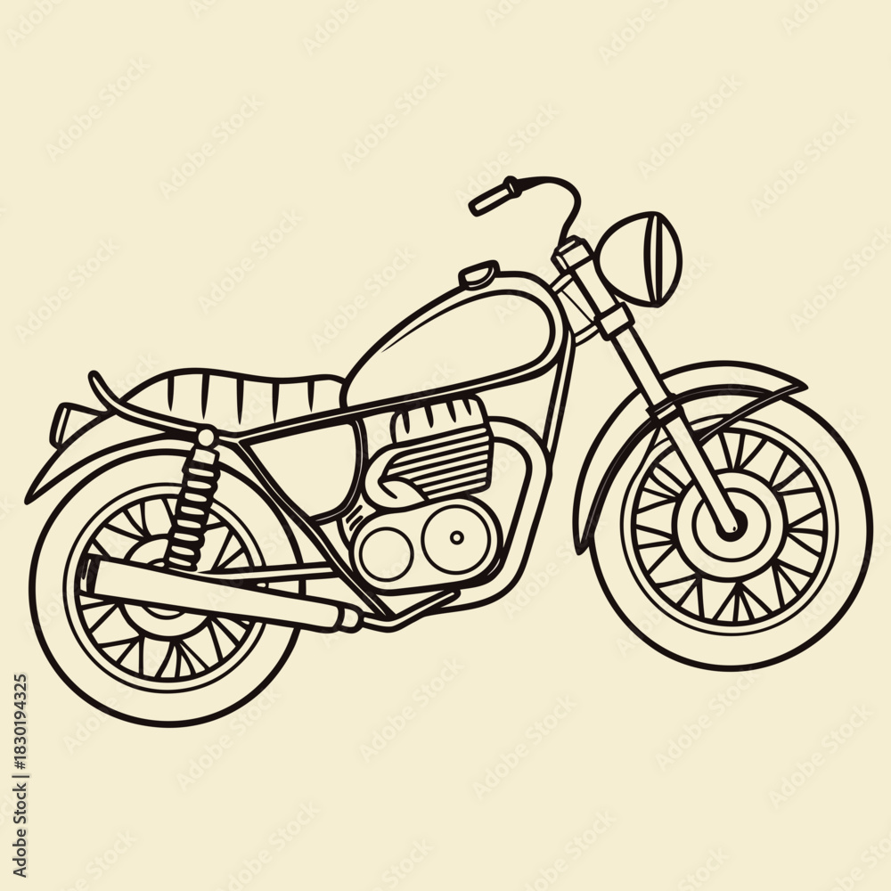 Obraz premium Classic motorcycle line art illustration on a cream background showing side profile of vintage bike with detailed engine and wheels