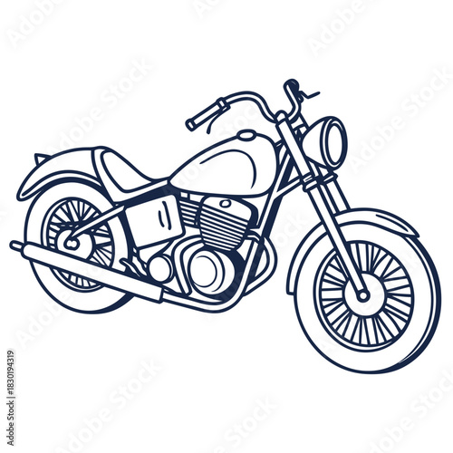 A classic cruiser motorcycle rendered as a simple bold navy blue outline drawing on a clean white background capturing its iconic silhouette and style