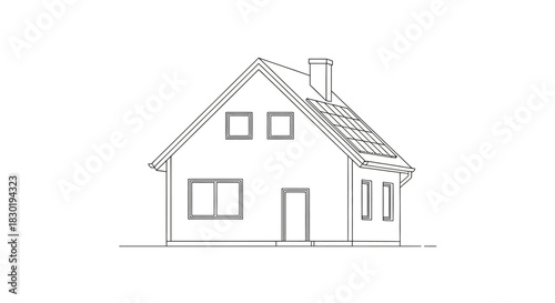 Detailed architectural blueprint showcasing a modern home design with solar panels and chimney on