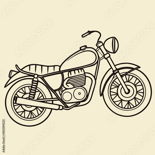 Classic motorcycle line art illustration on a cream background showing side profile of vintage bike with detailed engine and wheels