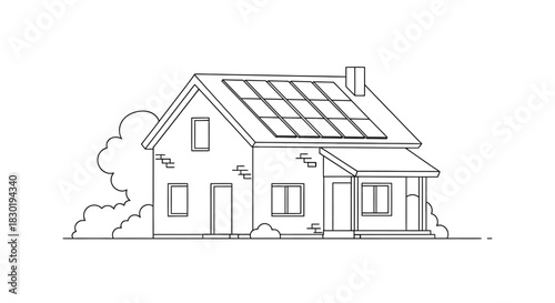 Eco-Friendly Home: Line Art Depiction of a House with Solar Panels for Sustainable Living