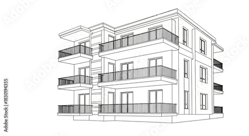 Architectural visualization of a modern multi-story apartment building drawing rendering