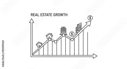 Real estate market growth illustration showcasing property appreciation over time