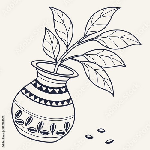 A simple line drawing of a decorative vase with a plant growing from it and a few seeds scattered nearby on a light background