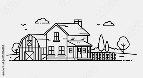 Minimalist countryside illustration of a farm house with barn and nature surrounding it creates a