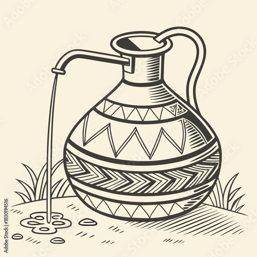 An ancient decorative earthenware jug with a spout and handle pours water onto the ground with grass and pebbles surrounding it in a simple line drawing style