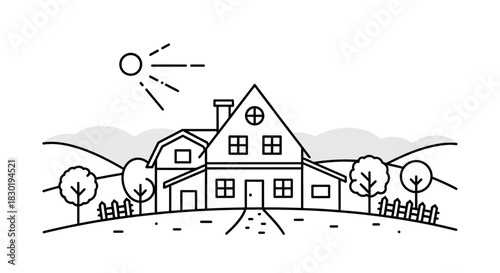 Minimalist Country House Illustration with Sun, Trees, and Fence line art design
