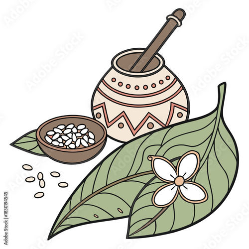 A traditional clay pot with a wooden pestle beside a small bowl of white beans and green leaves with a delicate white flower