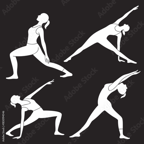 Four stylized white female silhouettes performing various yoga poses in a dynamic sequence against a stark black background