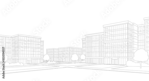 Architectural rendering showcasing a modern office park complex with clean lines