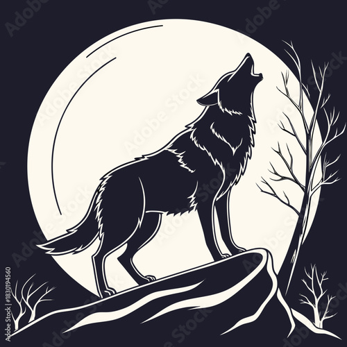 Stylized silhouette of a wolf howling at a large full moon on a rocky outcrop with bare trees in the background