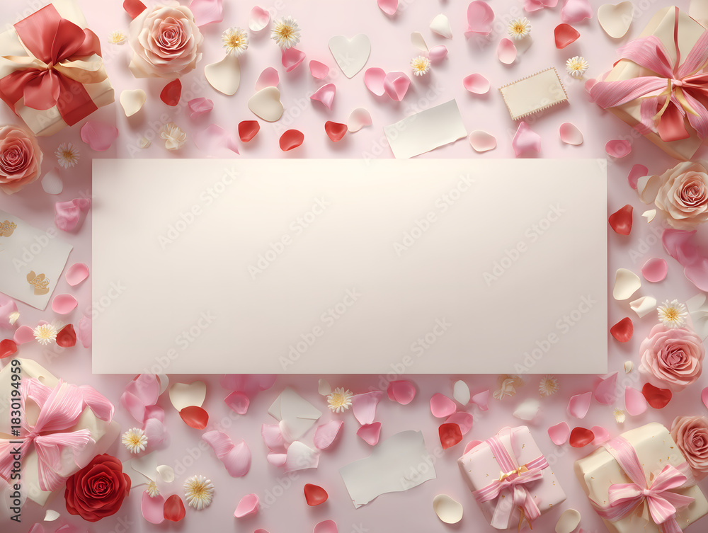 Obraz premium Blank white card surrounded by pink roses and petals for valentines day