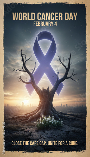 World Cancer Day Concept with Purple Ribbon on Leafless Tree and Blooming Flowers