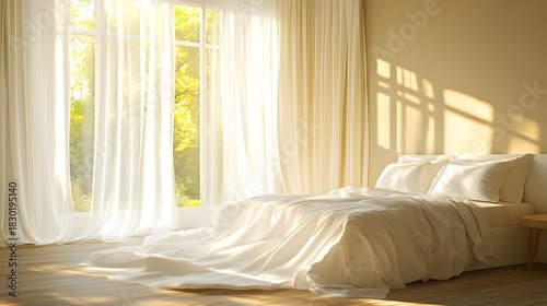 Bright natural light illuminates a luxurious bedroom scene with white bedding cascading onto the wooden floor