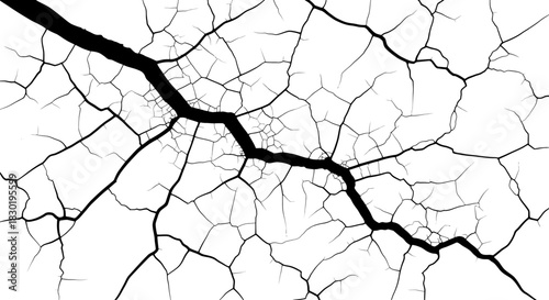 Dramatic cracks and fissures on a stark white surface, creating abstract patterns