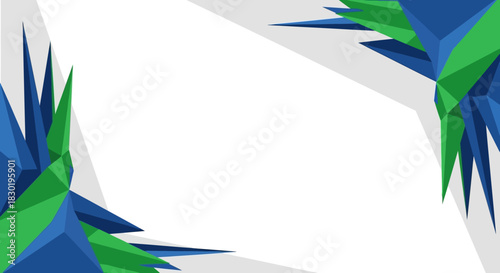 Geometric background with polygonal shapes in blue and green tones provides a dynamic design