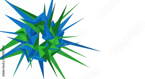 Abstract polygonal structure in blue and green tones on white background creating a dynamic design