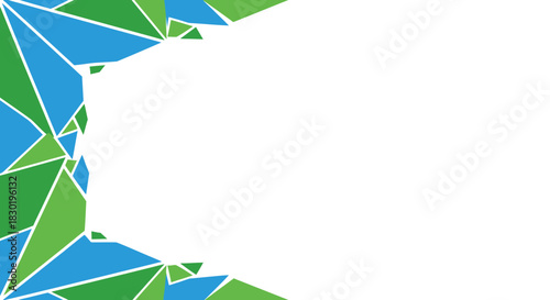 Abstract polygonal frame with blue and green triangles and white space for text and images