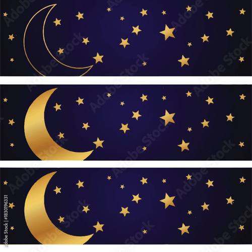 Golden Crescent Moons and Stars on a Dark Blue Night Sky.