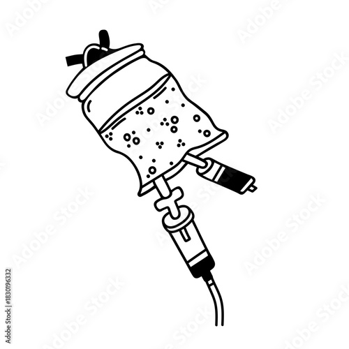 IV drip vector illustration. Plasma, blood transfusion. Intravenous injection, liquid drugs, chemotherapy. Medical procedure, health care. Hand drawn black and white clip art. For hospital, emergency