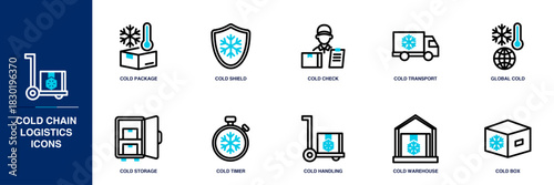 Cold Chain Logistics Blue Colored Outline Icon Set