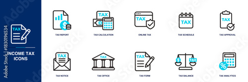 Income Tax Blue Colored Outline Icon Set