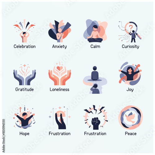 Illustrations depicting various emotions and mental states with symbolic representations.