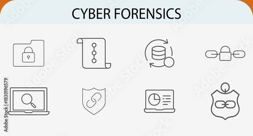 Cyber forensics digital data investigation security outline vector icon set