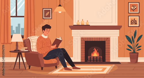 Cozy retreat: A man reading by the fireplace in a tranquil living room