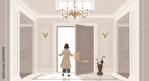 Elegant entrance hall with chandelier, welcoming a woman through the door