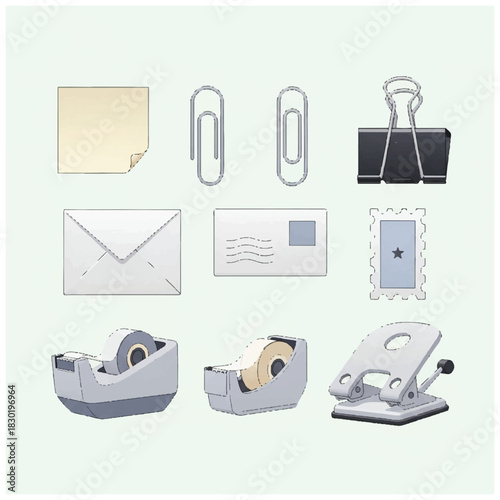Office Supplies Still Life Sticky Note Clips Binder Clip Envelope Postcard Stamp Tape Dispensers Hole Punch.
