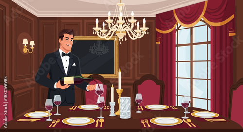 Elegant dining experience, wine service in upscale restaurant setting illustration