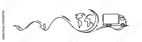 Global delivery truck symbol with world map and winding road, representing worldwide logistics and shipping services for ecommerce and transport businesses.