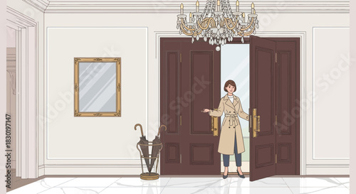 Elegant lady inviting entry in luxury home with open door and chandelier