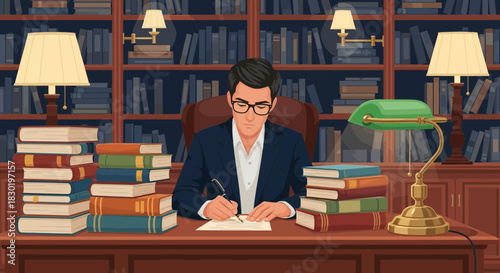 Scholarly pursuits: A refined scholar engrossed in literary exploration amid books