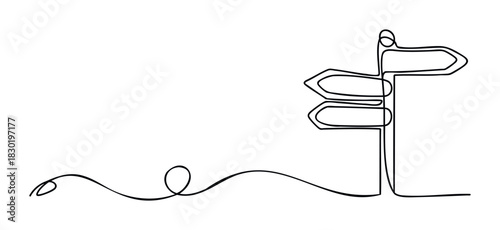 Abstract line drawing of a directional signpost with arrows on a white background symbolizing choices and guidance for navigation and decision making concepts