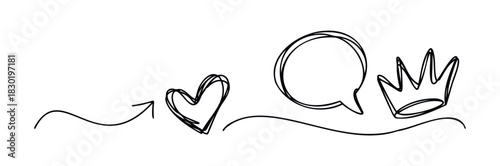 Hand drawn sequence of arrow leading to heart, speech bubble and crown symbols representing journey, communication and success for your project concepts
