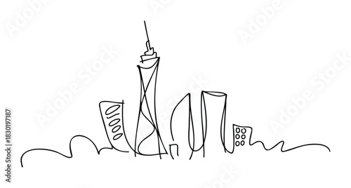 Minimalist line drawing of a modern city skyline featuring tall skyscrapers and distinct architectural shapes, perfect for web backgrounds and abstract presentations.