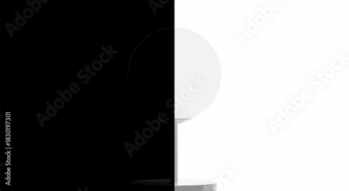 A minimalist white circular object stands against a stark black and white split background.