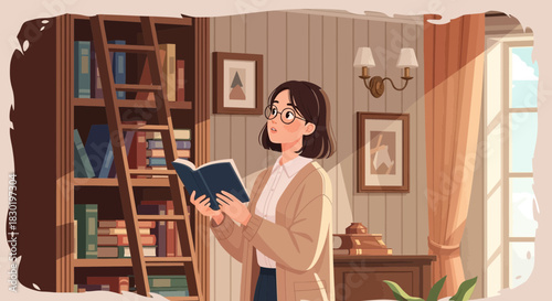 Cozy afternoon reading scene, girl in a library with sunlight streaming through the window