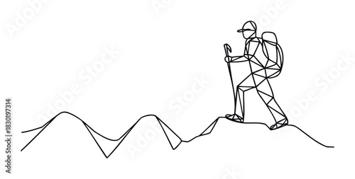 Abstract geometric hiker with backpack and poles ascends rugged mountain peaks in a minimalist line drawing, ideal for adventure marketing and outdoor lifestyle content.