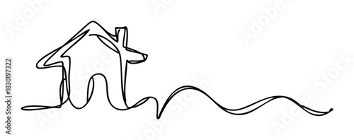 Single line drawing of a house on a wavy ground symbolizing movement or journey towards home, perfect for real estate or relocation themes.
